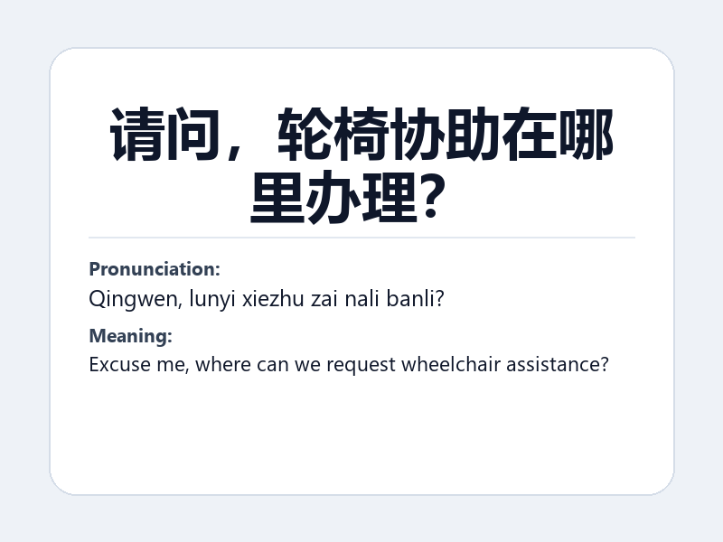 Phrase card: 请问,轮椅协助在哪里办理? (Qingwen, lunyi xiezhu zai nali banli?) - Excuse me, where can we request wheelchair assistance?