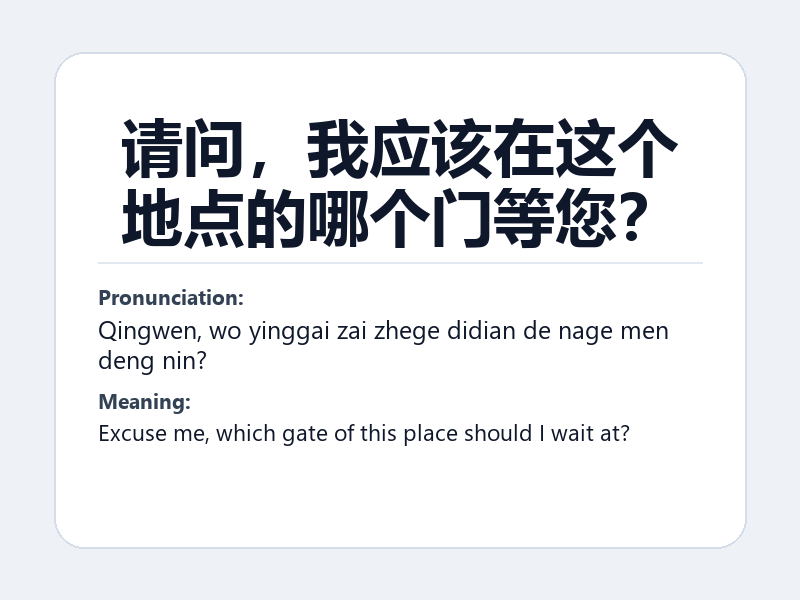 Phrase card: 请问,我应该在这个地点的哪个门等您? (Qingwen, wo yinggai zai zhege didian de nage men deng nin?) - Excuse me, which gate of this place should I wait at?